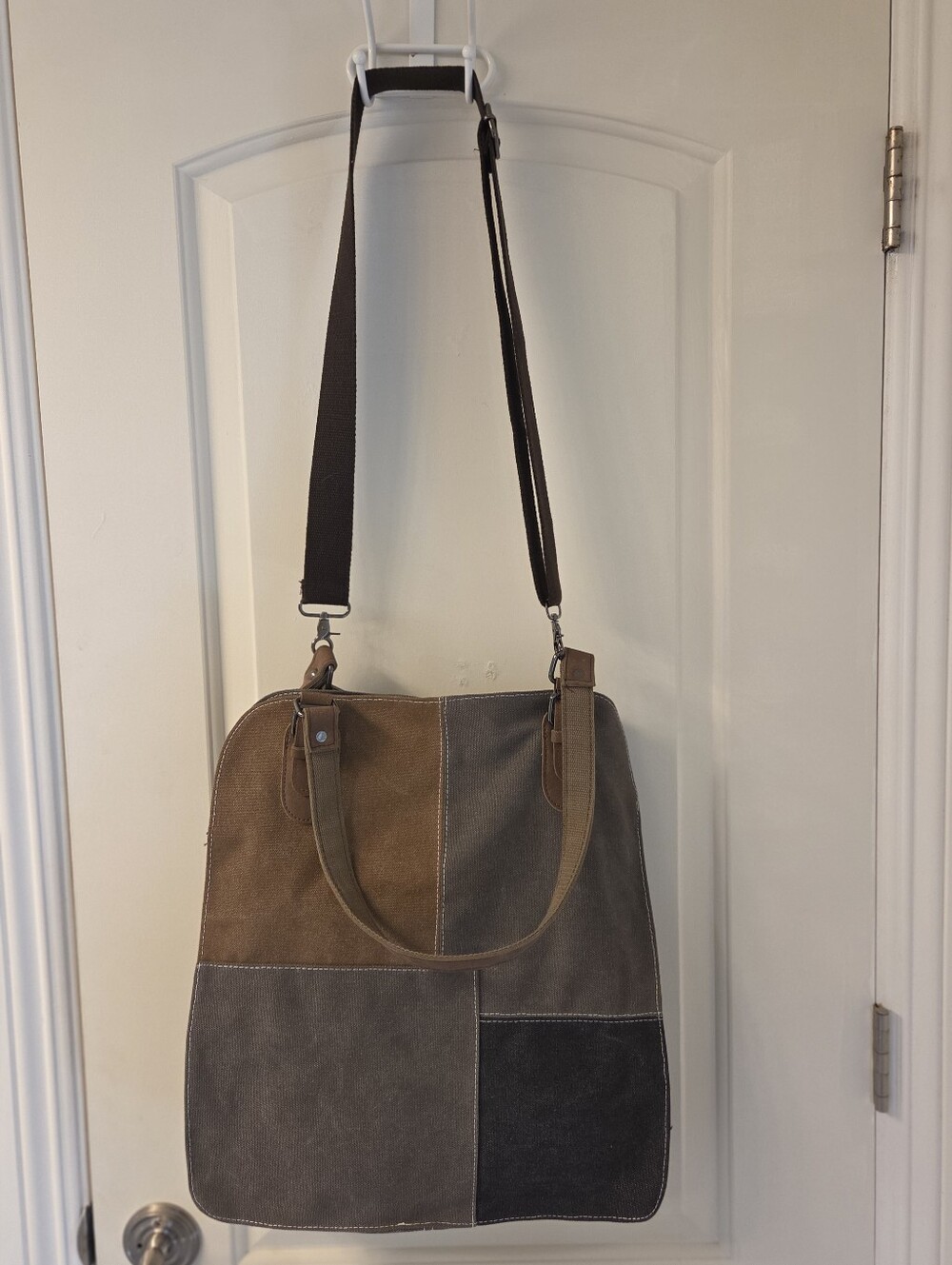 Canvas Patchwork Tote Bag - Brown/Gray - Picture 2 of 9